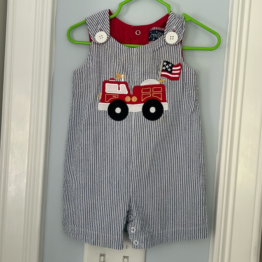 Seersucker fire truck romper 9 months shortall